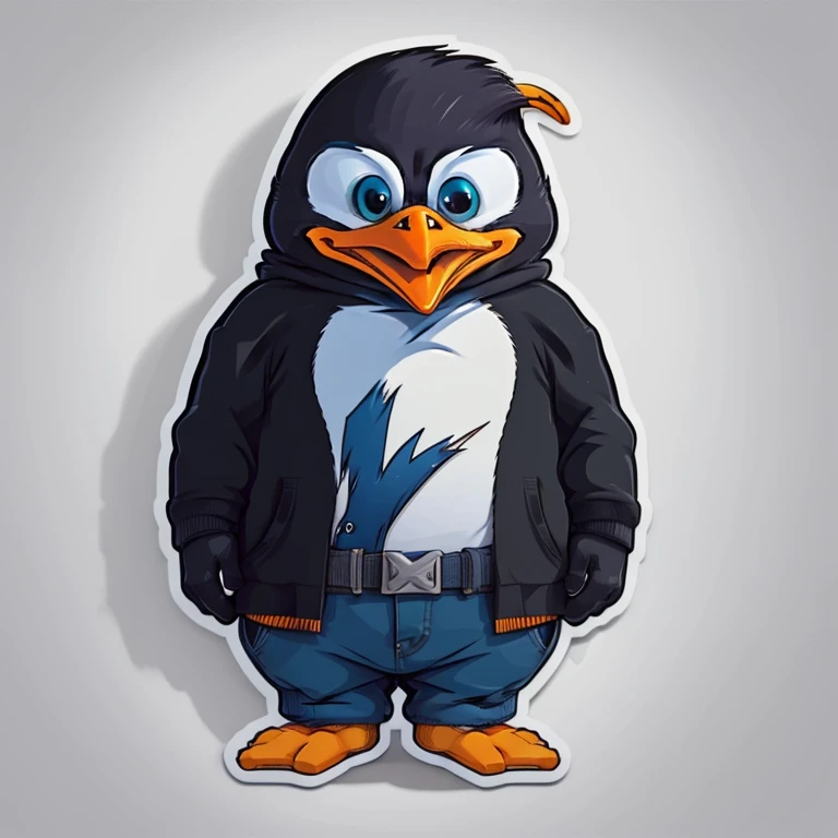 a very detailed penguin t-shirt design, rock clothing, streetwear design, professional vector, cartoon style, full design, only 3 colors, solid colors, no shadows, full design, warm colors, sticker, bright colors, white background.
