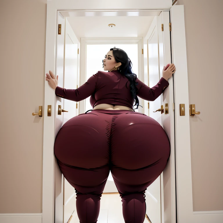 masterpiece, 1girl behind a doorway, from behind, (doorstuck, stuckbehind:1.3), ssbbw ,huge hips, round belly, thick thighs, giant butt,colorful clothing, wearing a maroon red suit and tie and formal pants, upset, desperately trying to wiggle through, she tries to free herself but she won't budge, she is stuck tight view from behind, she is too wide, the doorway is quite narrow too, she kicks her legs furiously, trying to wiggle her hips through the small door, but its no good, the door is too small, she keeps trying to squeeze through with frustration, she is stuck too tight