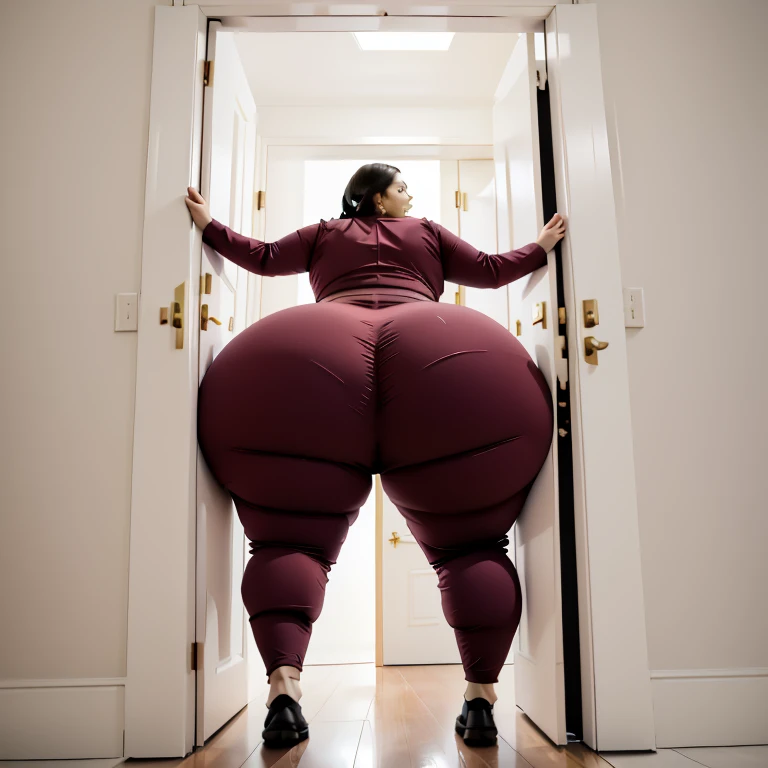 masterpiece, 1girl behind a doorway, from behind, (doorstuck, stuckbehind:1.3), ssbbw ,huge hips, round belly, thick thighs, giant butt,colorful clothing, wearing a maroon red suit and tie and formal pants, upset, desperately trying to wiggle through, she tries to free herself but she won't budge, she is stuck tight view from behind, she is too wide, the doorway is quite narrow too, she kicks her legs furiously, trying to wiggle her hips through the small door, but its no good, the door is too small, she keeps trying to squeeze through with frustration, she is stuck too tight