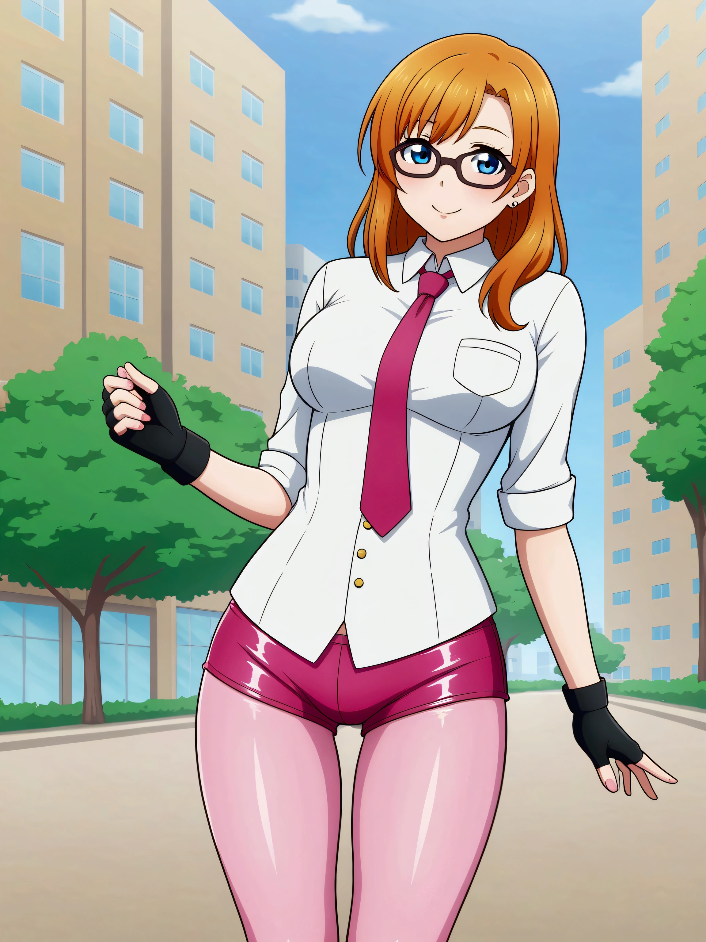 (Masterpiece, Best Quality, High Quality), professional artwork, well drawn, Intricate Details,solo,
Kousaka honoka, afternoon
, ultra detail hair, ultra detail face, perfect eyes,  earring,  Looking at Viewer, wizard girl, form fitting shirt, latex shorts,pink pantyhose, glasses on forehead,fingerless gloves, thighs gap, orange hair , standing , sexy , blue eyes 