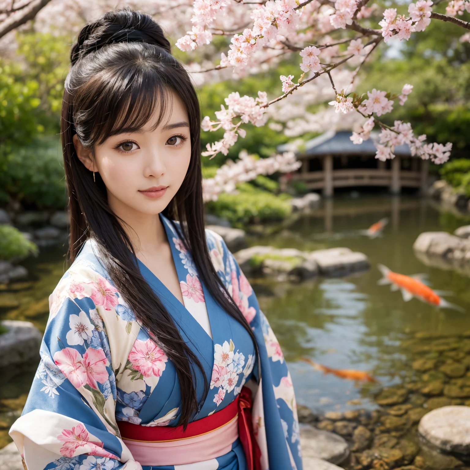 {
"size": "1024x1792",
"prompt": "A stunningly beautiful Japanese woman with long, flowing black hair, and flawless fair skin. She is dressed in an elegant, modern kimono with intricate patterns and soft colors. She has delicate, refined facial features, expressive almond-shaped eyes, and a serene, confident expression. The background is a peaceful Japanese garden with blooming cherry blossoms and a traditional wooden bridge over a koi pond, adding to the serene and picturesque atmosphere."
}