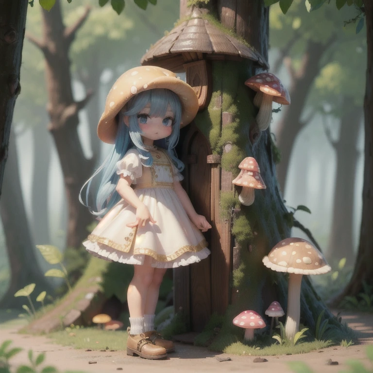 (masterpiece:1.2, Ultra detailed,1.5, unity 8k wallpaper, detailed finger:1.2), mushroom, Girl, Tamagotake mushrooms, White dress, in the forest