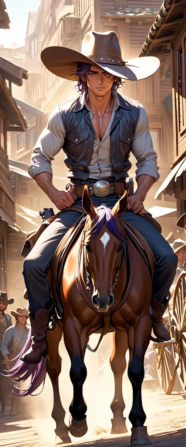 Handsome brown boy riding a horse, Sexy body, silvery white wavy hair [Black shades], Golden Eyes (Shiny), surreal eyes, Wearing a wide-brimmed cowboy hat,Covering most of his face with cowboy boots and pants,Wear a belt around the waist of a shirt or jacket,With a silver belt buckle, the overall shape is rugged and sturdy,Western cowboy exudes wild charm.with pistol, jump, With sniper outfit, brave game, round face, Realistic lighting, Light energy transfer, close up.The main street is lined with wooden houses, shops and bars.、casino、Dust can be seen everywhere in places such as,Occasionally, a carriage and a rider hurried past in the sunshine.,Dust,Everything exudes a rough and primitive power。This is the unique living conditions and cultural atmosphere during the development of the American West.