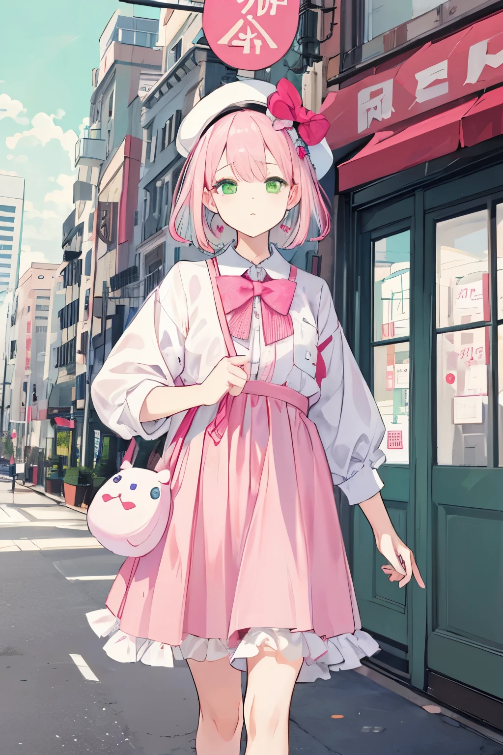 ((Highest quality)), ((masterpiece)), (detailed), One girl, Work clothes.Sleepy face.Pastel pink hair.Pastel green eyes、stuffed toy、silk hat.City background、Walking