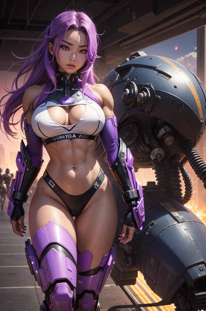 A beautiful, exuberant and very young cybernetic android warrior with black African and oriental Japanese and Chinese features, mixed with the clone of the Greek warrior goddess Athena, with super mega giant breasts, purple eyes, transformed into a super sensual and extremely muscular astronaut, fitness, fit bodybuilder and weightlifter, very muscular thighs wearing very short, super radical and purple punk style hair and very straight in locks, wearing sexy cyberpunk battle outfits, observing a spaceship on a desert planet