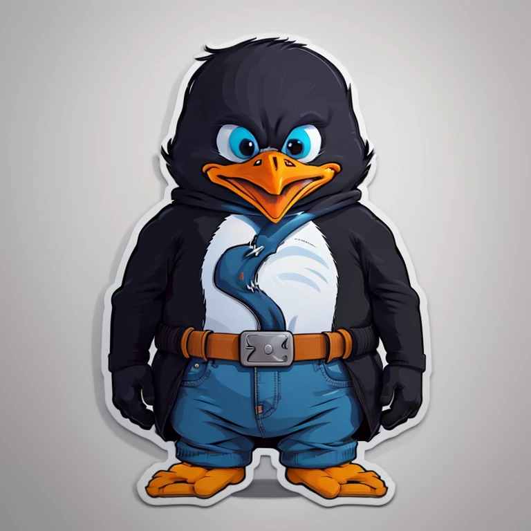 a very detailed penguin t-shirt design, rock clothing, streetwear design, professional vector, cartoon style, full design, only 3 colors, solid colors, no shadows, full design, warm colors, sticker, bright colors, white background.
