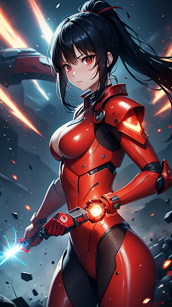 Red cyborg suit、、beautiful girl、ponytail、Black Hair、fight、blue beam、H Cup、Sparks fly,