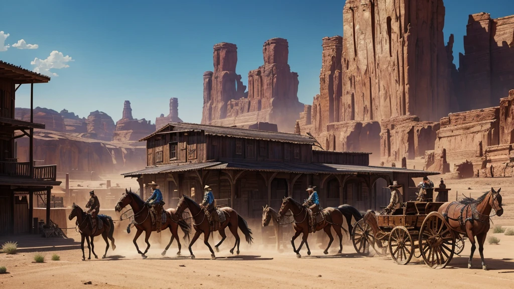 detailed anime style old west scene, beautiful intricate background, highly detailed characters, vibrant colors, dramatic lighting, cinematic composition, fantasy elements, sweeping landscape, dusty desert, wooden buildings, saloon, cowboys, horses, weapons, dynamic poses, exaggerated features, whimsical details, masterpiece, best quality, 8k, photorealistic
