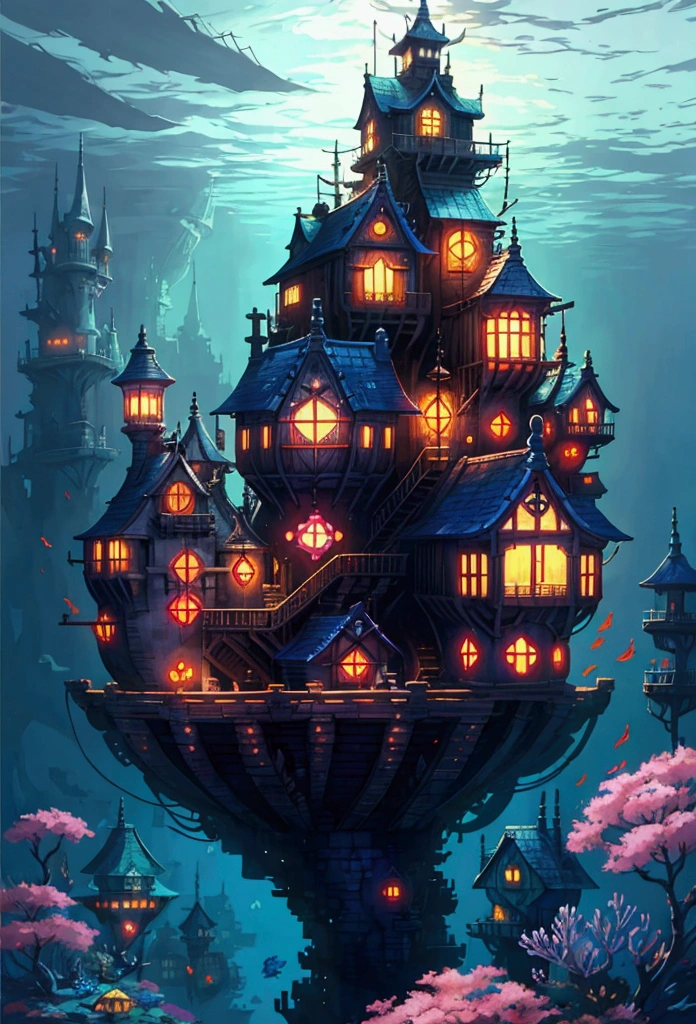Color (Fantasy: 1.2), (Hayao Miyazaki style), (irregular building floating in the sea), patchwork cottages, flower decorations, lights, concept art inspired by Andreas Rocha, Artstation contest winner, Fantasy art, (underwater city), ross tran, light shafts, realistic lighting, masterpiece, high quality, beautiful graphics, high detail, masterpiece, high quality, beautiful graphics, high detail, --v6
