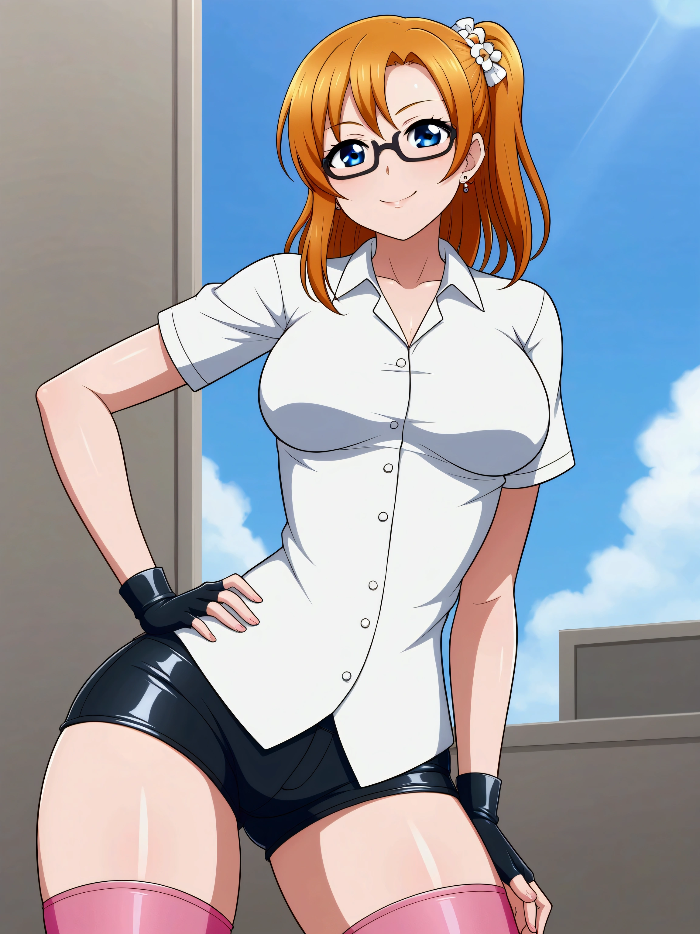 (Masterpiece, Best Quality, High Quality), professional artwork, well drawn, Intricate Details,solo,
Kousaka honoka, afternoon
, ultra detail hair, ultra detail face, perfect eyes,  earring,  Looking at Viewer, wizard girl, form fitting shirt, latex shorts,pink pantyhose, glasses on forehead,fingerless gloves, thighs gap, orange hair , standing , sexy , blue eyes ,hand on hip ,high waisted shorts 