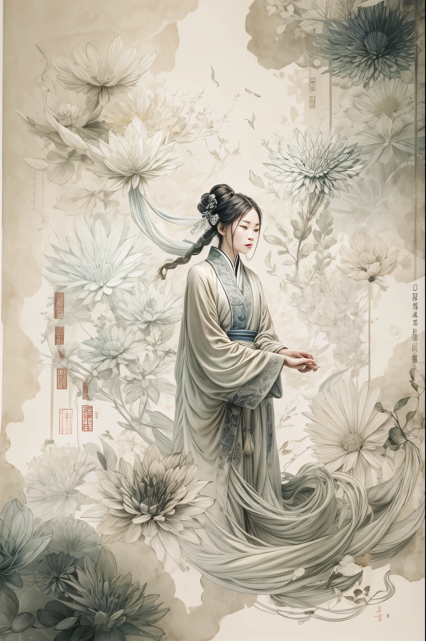 /I A three-dimensional character wearinghanfu,minimalism and abstract illustration, chinese ink painting style, chinese xuan paper texture, light penetrate the air, Fractals effect, Phosphore scence effect