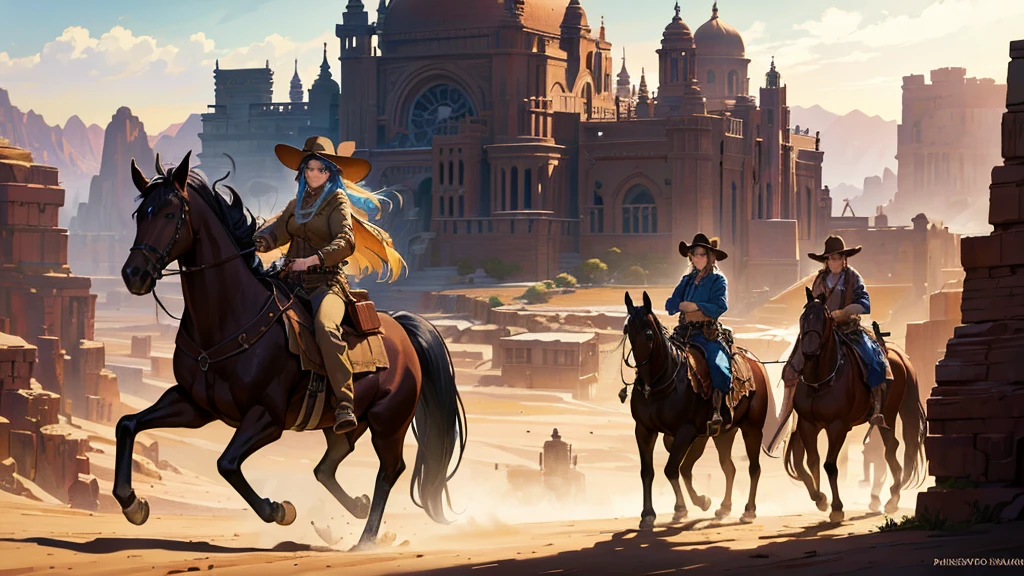 detailed anime style old west scene, beautiful intricate background, highly detailed characters, vibrant colors, dramatic lighting, cinematic composition, fantasy elements, sweeping landscape, dusty desert, wooden buildings, saloon, cowboys, horses, weapons, dynamic poses, exaggerated features, whimsical details, masterpiece, best quality, 8k, photorealistic
