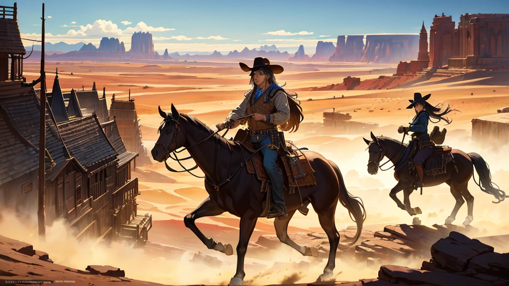 detailed anime style old west scene, beautiful intricate background, highly detailed characters, vibrant colors, dramatic lighting, cinematic composition, fantasy elements, sweeping landscape, dusty desert, wooden buildings, saloon, cowboys, horses, weapons, dynamic poses, exaggerated features, whimsical details, masterpiece, best quality, 8k, photorealistic