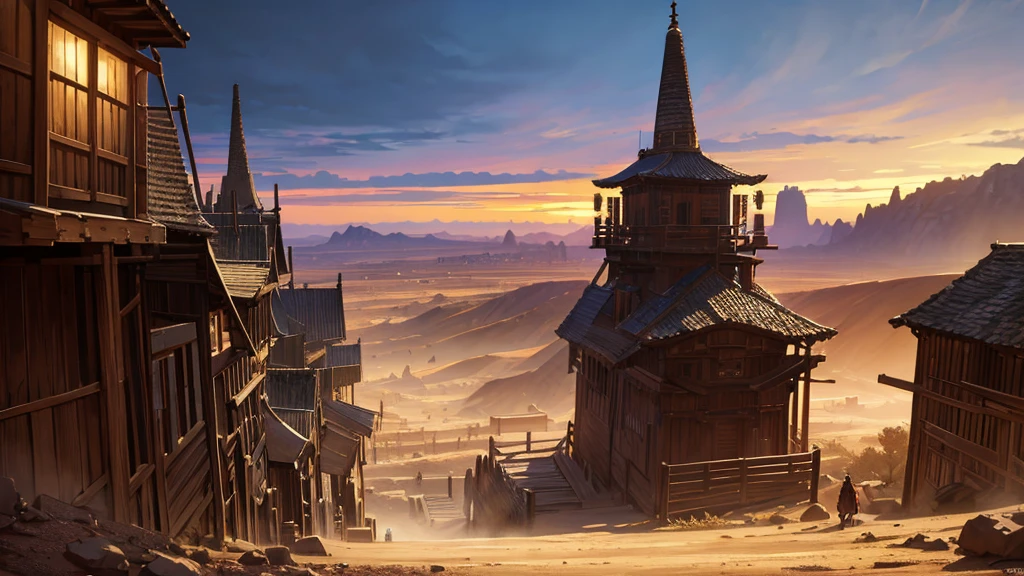 detailed anime style old west scene, beautiful intricate background, highly detailed characters, vibrant colors, dramatic lighting, cinematic composition, fantasy elements, sweeping landscape, dusty desert, wooden buildings, saloon, cowboys, horses, weapons, dynamic poses, exaggerated features, whimsical details, masterpiece, best quality, 8k, photorealistic