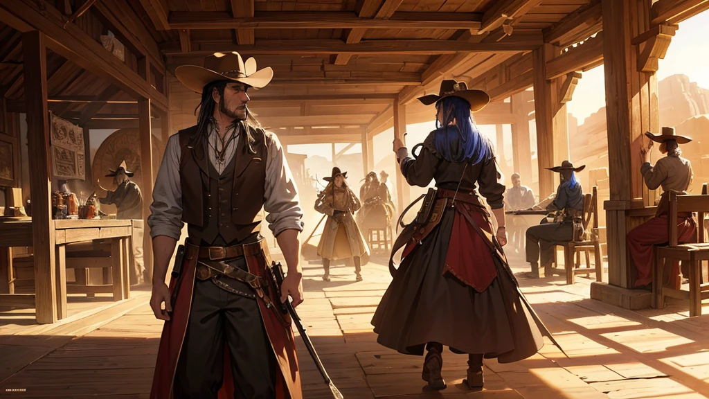 detailed anime style old west scene, beautiful intricate background, highly detailed characters, vibrant colors, dramatic lighting, cinematic composition, fantasy elements, sweeping landscape, dusty desert, wooden buildings, saloon, cowboys, horses, weapons, dynamic poses, exaggerated features, whimsical details, masterpiece, best quality, 8k, photorealistic