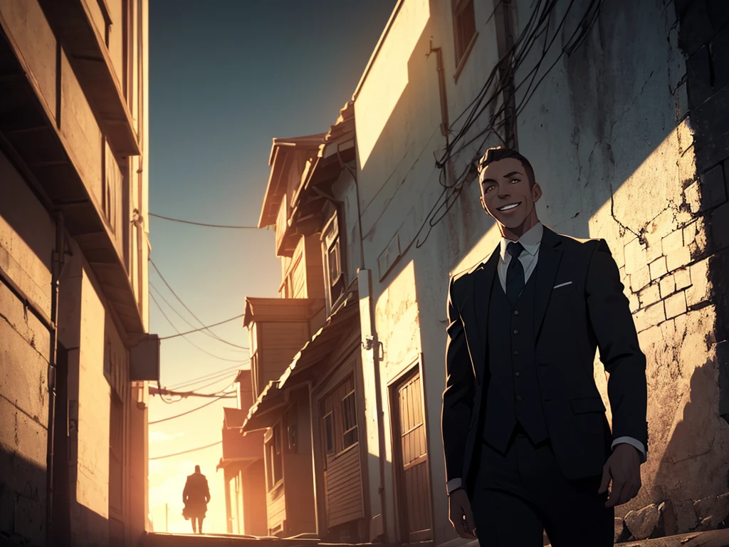 1 tall man in alley, well dressed, man smiling and looking at sky, cinematic lighting, dramatic shadows, moody atmosphere, high contrast, hyper-realistic, 8k, award winning composition, dramatic lighting, photorealistic, dramatic shot, extremely detailed, stunning visual, masterpiece