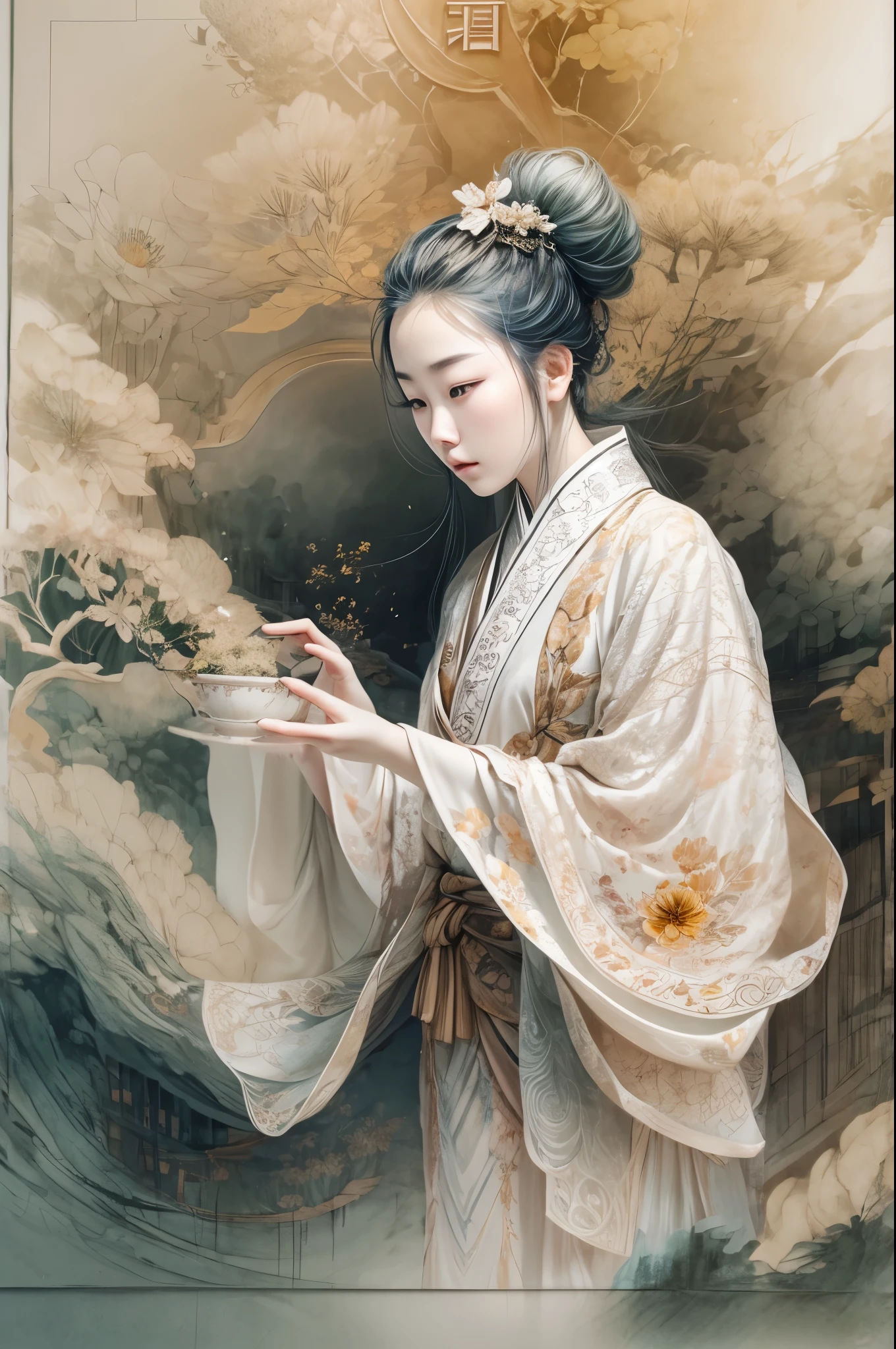 /I A three-dimensional character wearinghanfu,minimalism and abstract illustration, chinese ink painting style, chinese xuan paper texture, light penetrate the air, Fractals effect, Phosphore scence effect
