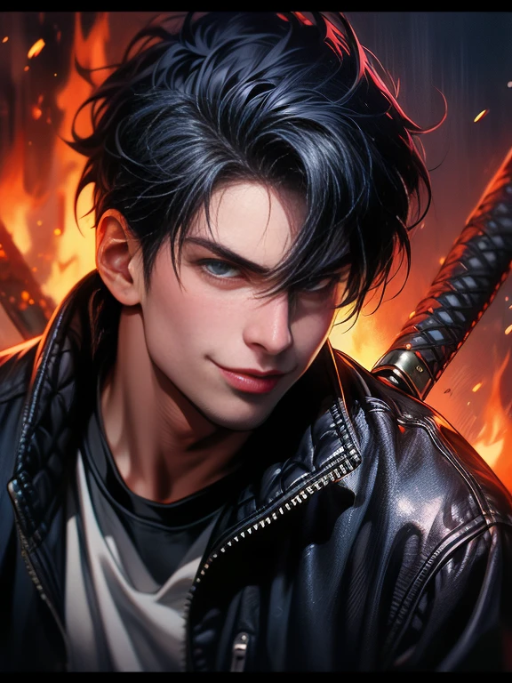 Adult guy, short black hair, blue eyes, black leather jacket, white T-shirt, jeans, katana, fire, smirk, Kusanagi clan, Masterpiece, best quality, Full HD, 8k, ultra details, great graphic