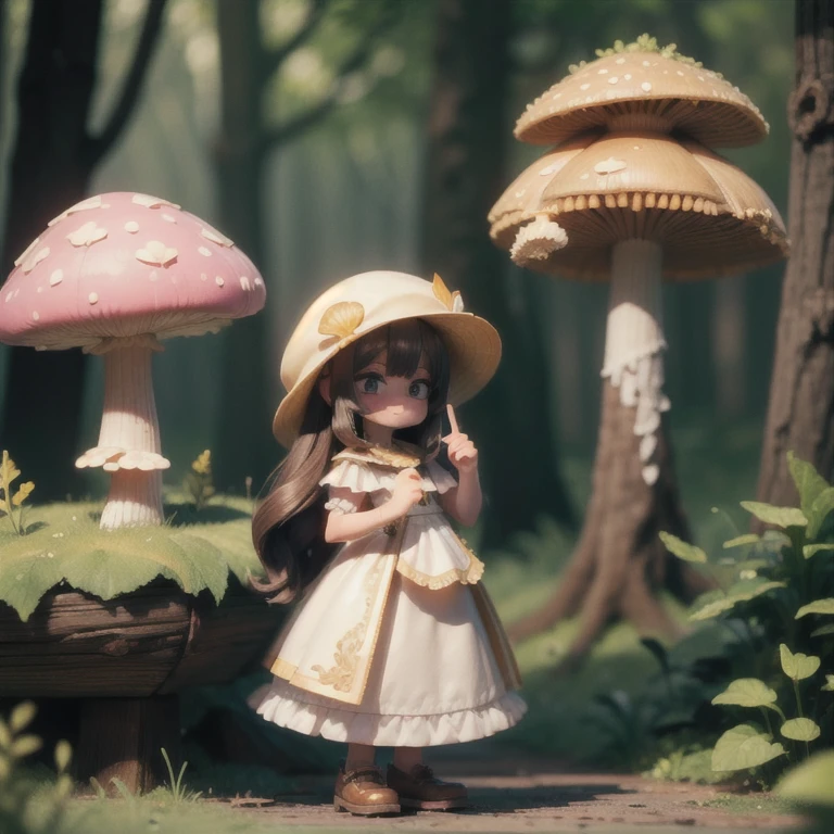 (masterpiece:1.2, Ultra detailed,1.5, unity 8k wallpaper, detailed finger:1.2), mushroom, Girl, king trumpet mushroom:1.5, White dress, in the forest