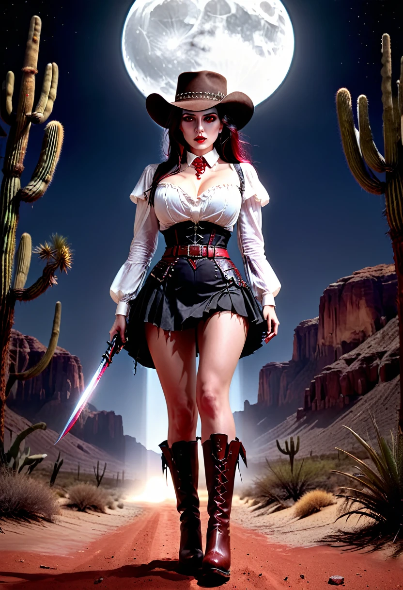 (19th century photograph style: 1.5) picture of a female vampire cowboy in the desert night, a goth beauty, exquisite beautiful female vampire, ((anatomically correct: 1.5), (ultra detailed face: 1.2), best detailed face, red glowing eyes, full body, busty, wearing white bottom shirt, short skirt, dynamic color. wearing (cowboy hat: 1.2), wearing high heeled boots, it is night time in the desert, moon light. moon rays, west America desert canyon background, Hyperrealism style, vibrant, Ultra-high resolution, High Contrast, (masterpiece:1.5), highest quality, Best aesthetics), best details, best quality, highres, ultra wide angle, 16k, [ultra detailed], masterpiece, best quality, (extremely detailed) RAW, chumbasket art style, rpg portrait photograph, BloodSoakedAI, halsman