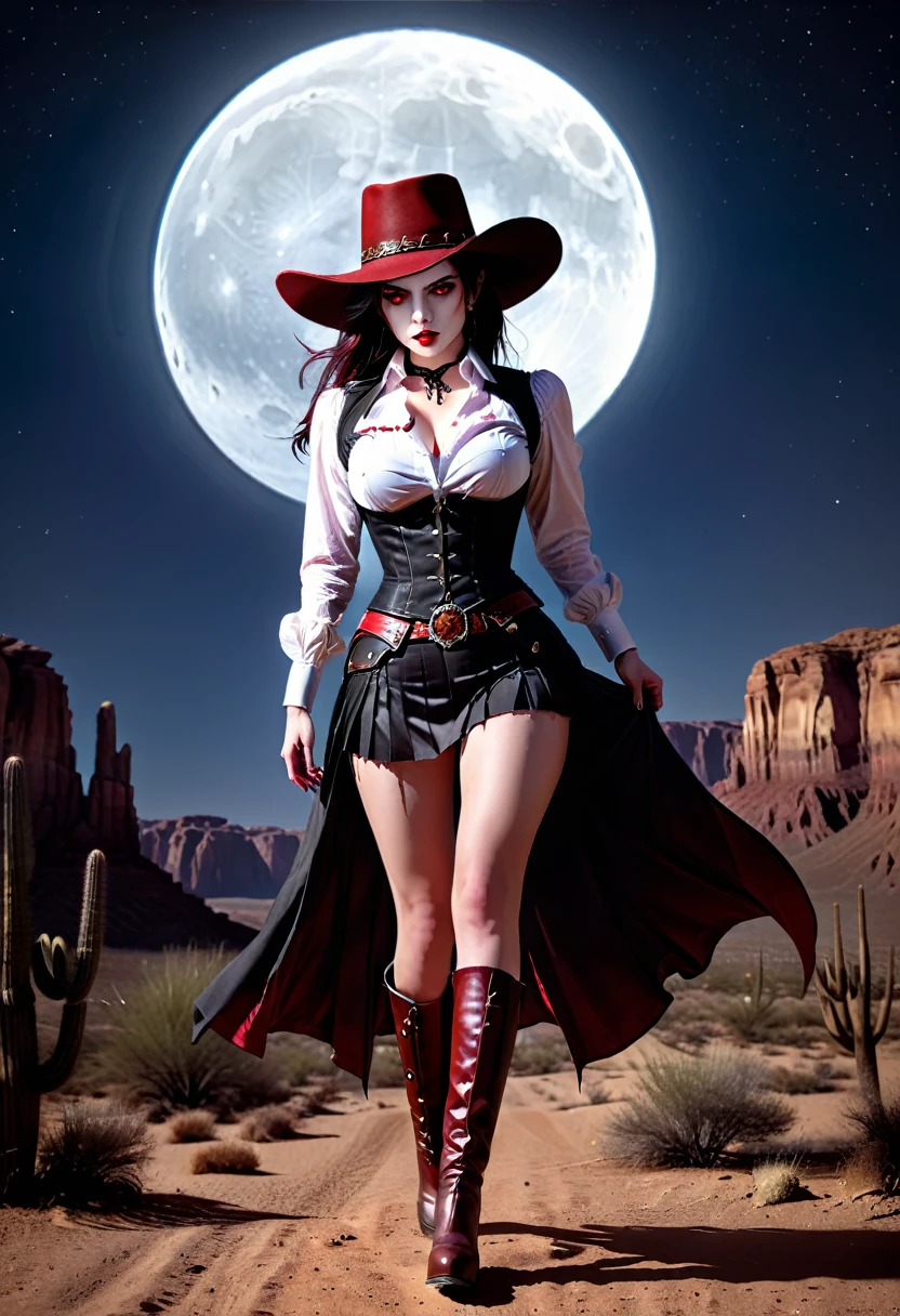 (19th century photograph style: 1.5) picture of a female vampire cowboy in the desert night, a goth beauty, exquisite beautiful female vampire, ((anatomically correct: 1.5), (ultra detailed face: 1.2), best detailed face, red glowing eyes, full body, busty, wearing white bottom shirt, short skirt, dynamic color. wearing (cowboy hat: 1.2), wearing high heeled boots, it is night time in the desert, moon light. moon rays, west America desert canyon background, Hyperrealism style, vibrant, Ultra-high resolution, High Contrast, (masterpiece:1.5), highest quality, Best aesthetics), best details, best quality, highres, ultra wide angle, 16k, [ultra detailed], masterpiece, best quality, (extremely detailed) RAW, chumbasket art style, rpg portrait photograph, BloodSoakedAI, halsman
