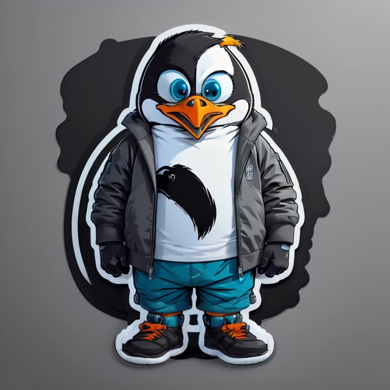 a very detailed penguin t-shirt design, rock clothing, jackets, shorts, streetwear design, professional vector, cartoon style, full design, only 3 colors, solid colors, no shadows, full design, sticker, basic colors, white background. basic colors such as blue, black and gray.