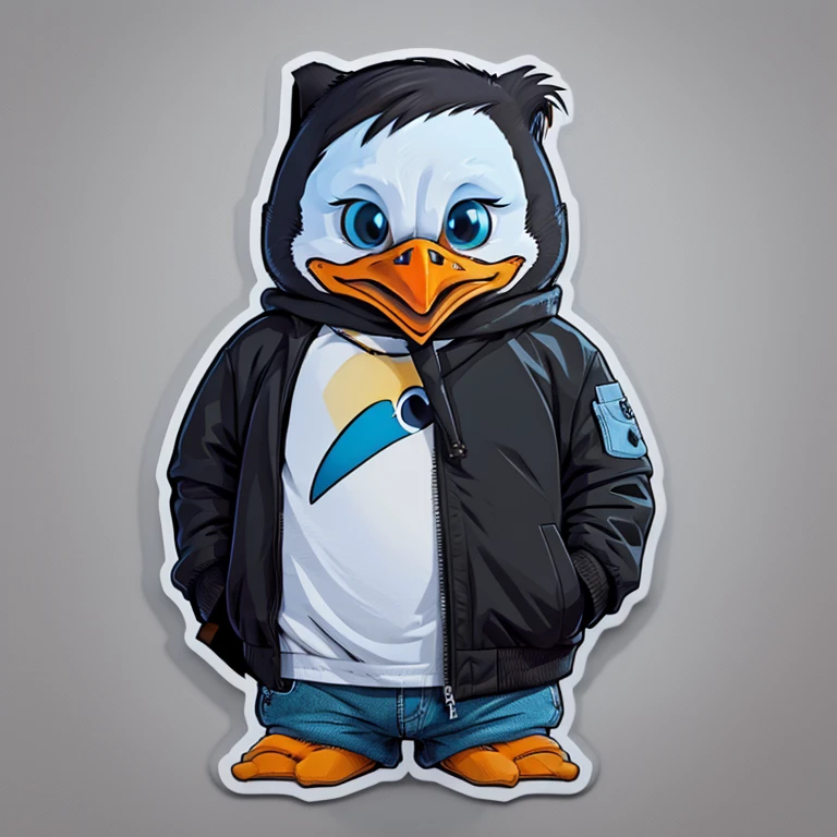 a very detailed penguin t-shirt design, rock clothing, jackets, shorts, streetwear design, professional vector, cartoon style, full design, only 3 colors, solid colors, no shadows, full design, sticker, basic colors, white background. basic colors such as blue, black and gray.