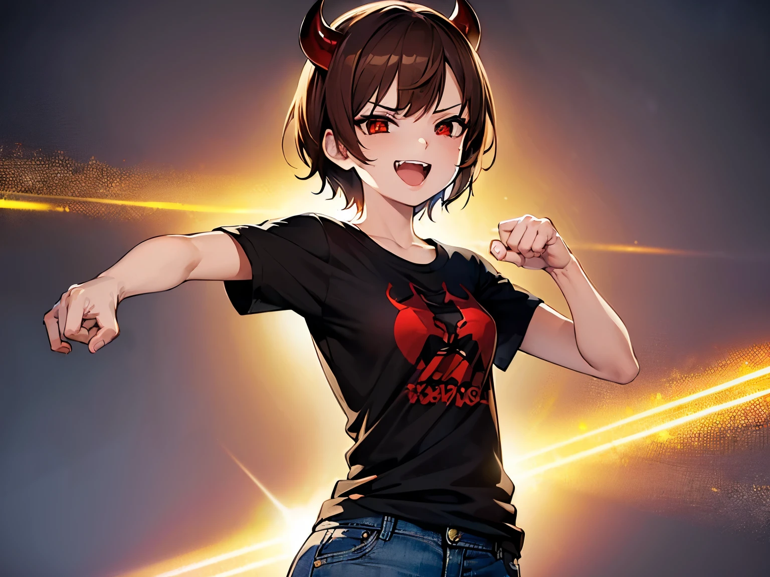(SFW:1.5),(Small breasts:1.3),beautiful, masterpiece, Highest quality, anime, 1 Female, alone, look at viewer, Intricate details, (Shining Eyes:1.3),(Beautifully detailed eyes:1.1),(Eyes are bright red:1.5),(short hair:1.5),(sidelocks:1.4),(Demon horns on head:1.5),(Brown Hair:1.5), (slant eyes), Cheerful eyes,(Mouth wide open and fangs:1.3),(t-shirt:1.5),(jeans:1),(Sharp focus:1.2),from front,(light smile:1),(upper body:2),(aggressive),(fighting stance:1.5),