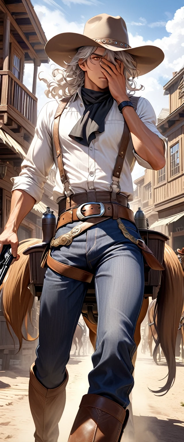 Handsome brown boy riding a horse, Sexy body, silvery white wavy hair [Black shades], Golden Eyes (Shiny), surreal eyes, Wearing a wide-brimmed cowboy hat,Covering most of his face with cowboy boots and pants,Wear a belt around the waist of a shirt or jacket,With a silver belt buckle, the overall shape is rugged and sturdy,Western cowboy exudes wild charm.with pistol, jump, With sniper outfit, brave game, round face, Realistic lighting, Light energy transfer, close up.The main street is lined with wooden houses, shops and bars.、casino、Dust can be seen everywhere in places such as,Occasionally, a carriage and a rider hurried past in the sunshine.,Dust,Everything exudes a rough and primitive power。This is the unique living conditions and cultural atmosphere during the development of the American West.