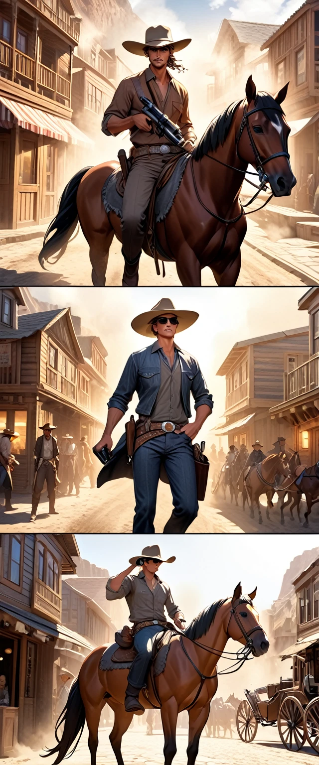 Handsome brown boy riding a horse, Sexy body, silvery white wavy hair [Black shades], Golden Eyes (Shiny), surreal eyes, Wearing a wide-brimmed cowboy hat,Covering most of his face with cowboy boots and pants,Wear a belt around the waist of a shirt or jacket,With a silver belt buckle, the overall shape is rugged and sturdy,Western cowboy exudes wild charm.with pistol, jump, With sniper outfit, brave game, round face, Realistic lighting, Light energy transfer, close up.The main street is lined with wooden houses, shops and bars.、casino、Dust can be seen everywhere in places such as,Occasionally, a carriage and a rider hurried past in the sunshine.,Dust,Everything exudes a rough and primitive power。This is the unique living conditions and cultural atmosphere during the development of the American West.