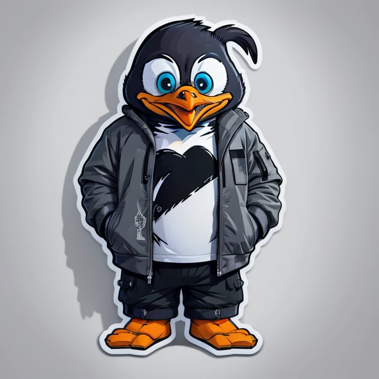 a very detailed penguin t-shirt design, rock clothing, jackets, shorts, streetwear design, professional vector, cartoon style, full design, only 3 colors, solid colors, no shadows, full design, sticker, basic colors, white background. basic colors such as blue, black and gray.
