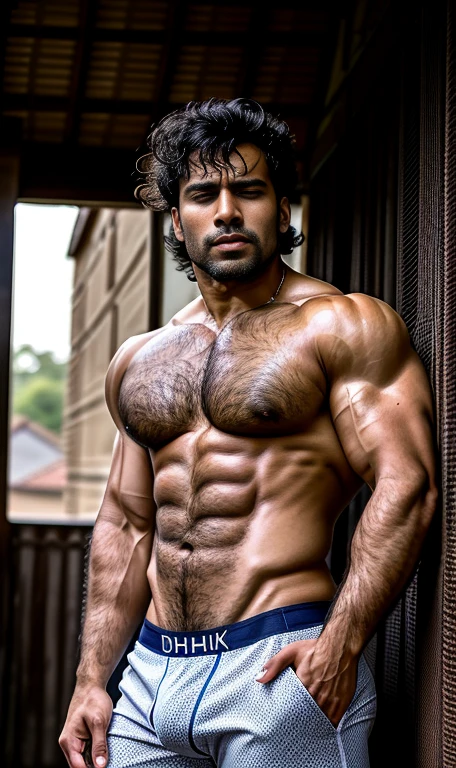 Masterpiece, amazing photography, very detailed, a desi hairy bodybuilder hunk with Pain is raging on the face, making painfull screaming expression eyes closed, head tilted backward, looking upward roof, with navy ankle socks, brown formal shoes, black underwear, standing with spread legs, full body head to toe in picture, full body , brown formal shoes, from front view, formal shoes, head tilted backward and looking roof, sexual tension, horny, erect bulge, without clothing, messy hair, brown skin, face, full body, body with hair on chest, black hairstyle, lots and lots of hair on chest, hairy in the lower part; highly detailed skin, skin pores, sunny weather, steam, showers, 8k uhd, dslr, dim lighting, high quality, film grain, ful body view in photo, head to toe, his perfect erect bulge, seductive, erotic, exotic, big huge bulge
