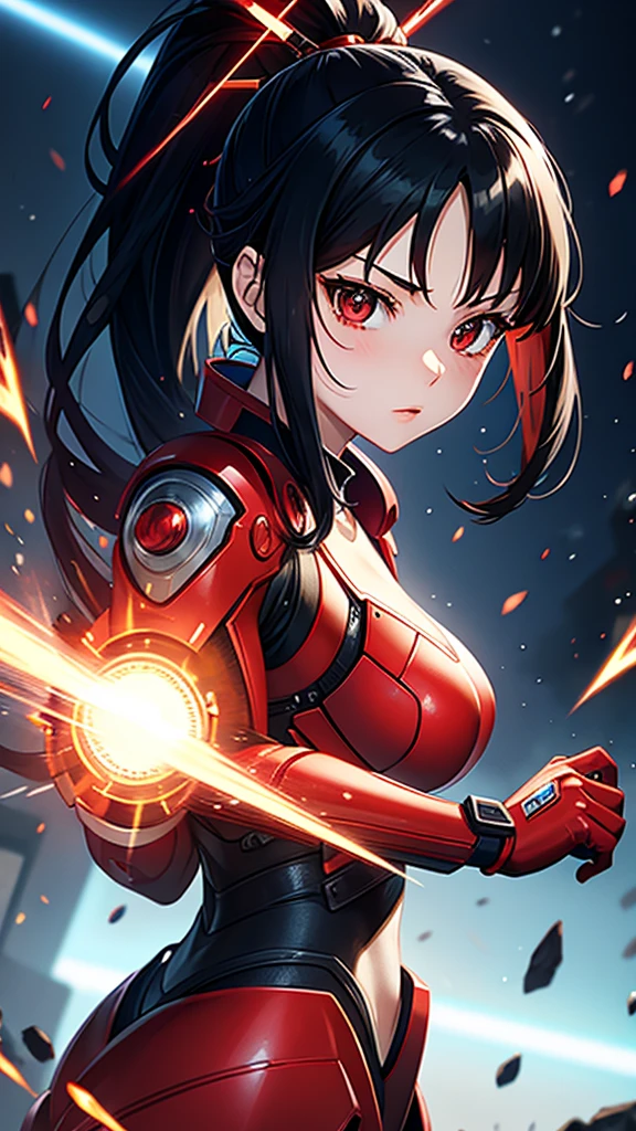 Red cyborg suit、17 years old、beautiful girl、ponytail、Black Hair、fight、blue beam、H Cup、Sparks fly,