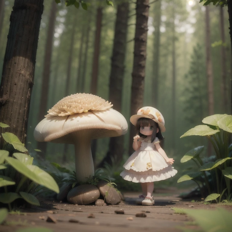 (masterpiece:1.2, Ultra detailed,1.5, unity 8k wallpaper, detailed finger:1.2), mushroom, Girl, matsutake:1.5, White dress, in the forest