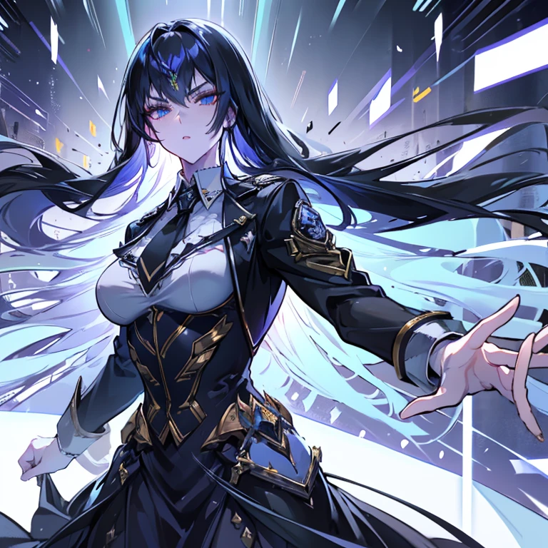 a beautiful woman with long black hair, detailed face, beautiful detailed eyes, beautiful detailed lips, extremely detailed eyes and face, long eyelashes, unzipped jacket, white shirt, black skirt, black tie, dual guns, school, dynamic pose, badass expression, cinematic lighting, dark moody color palette, highly detailed, photorealistic, 8k, best quality, masterpiece