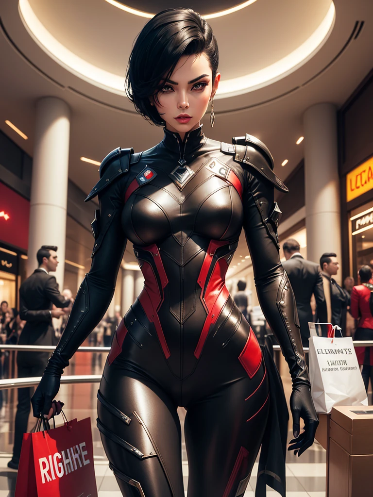leticia warframe a very beautiful attractive slender woman, short black hair pompadour Elvis style, with dark eyes, red futuristic costume with aerodynamic bronze details, background a shopping mall 1999 warframe