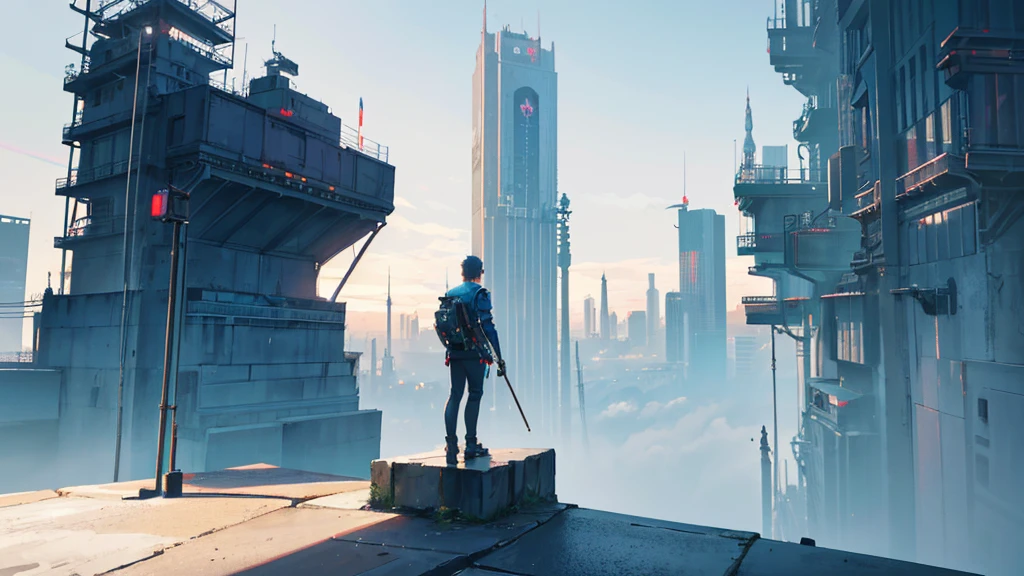 a man standing on a ledge in front of a city, CGSOCIETY - Sem Cameron, album cover concept art, offcial art, carson ellis, promotional artwork, CGsociety - W 1 0 2 4 - N 8 - I, game cover art, bold adventure science fiction, official poster artwork, lofi album art, album cover design, cg society - n 5