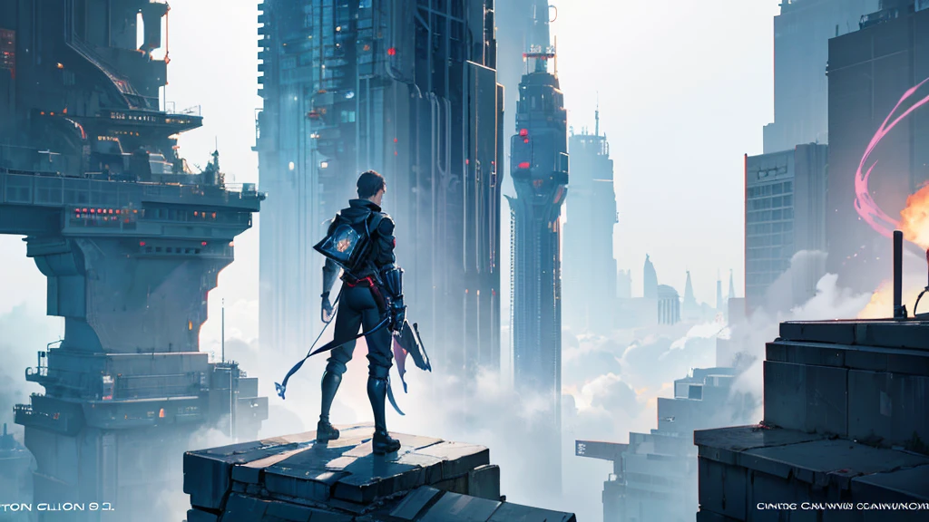 a man standing on a ledge in front of a city, CGSOCIETY - Sem Cameron, album cover concept art, offcial art, carson ellis, promotional artwork, CGsociety - W 1 0 2 4 - N 8 - I, game cover art, bold adventure science fiction, official poster artwork, lofi album art, album cover design, cg society - n 5