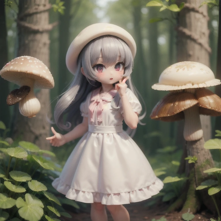 (masterpiece:1.2, Ultra detailed,1.5, unity 8k wallpaper, detailed finger:1.2), mushroom, Girl, Bunashimeji mushroom:1.5, White dress, in the forest