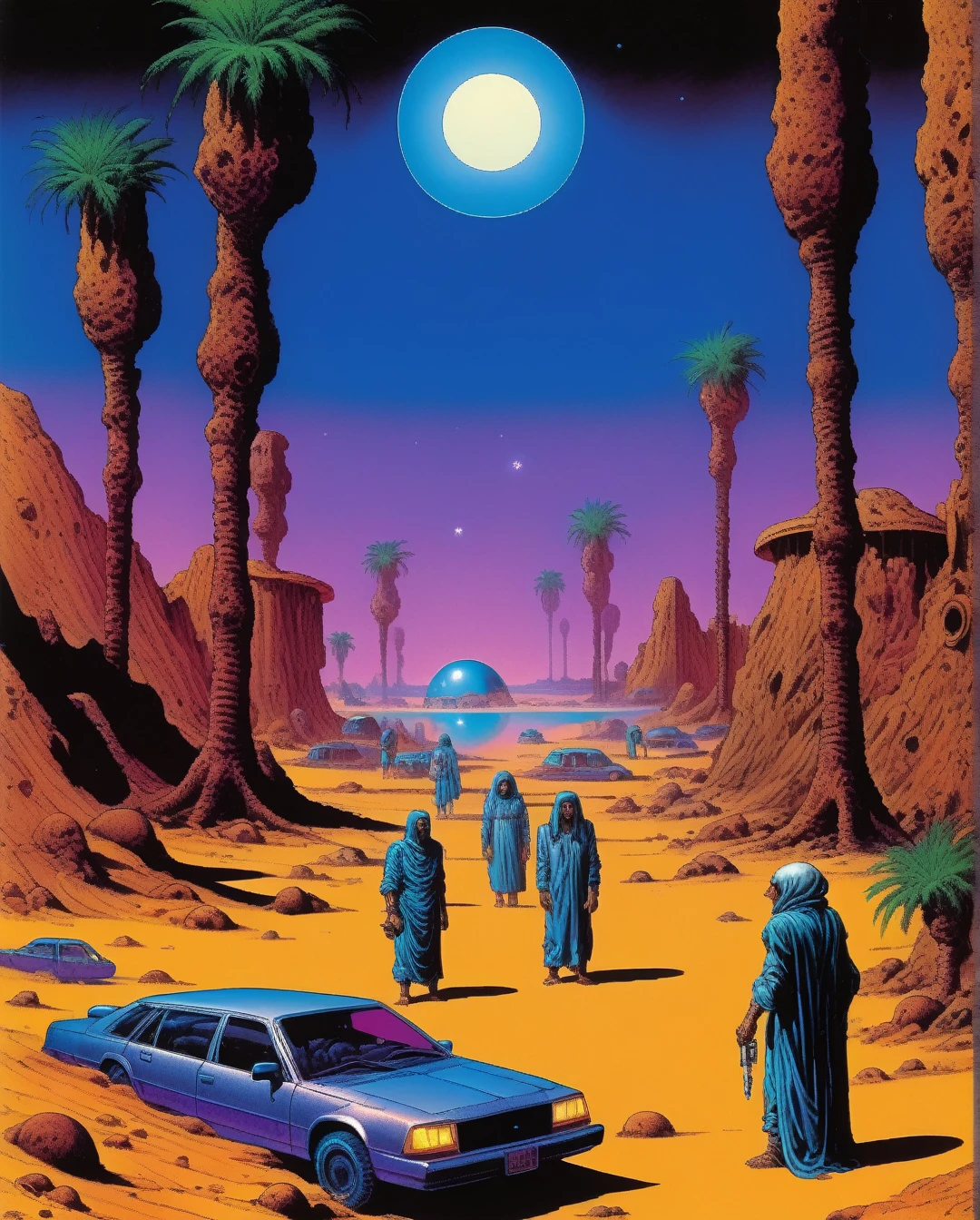 Art style by Richard Corben, Art style by Jim Starlin, Art style by Philippe Caza, (Masterpiece, Top Quality, Super Detail, High Resolution, Best Illustration), 1990s (style), 1980s (style), retro art style, Highest image quality, (Masterpiece, top quality, super detail, high resolution, best illustration), vintage, 1990s \(style\), dynamic angle,  A serene oasis on an alien desert planet where Bedouin tents made of high-tech materials stand amidst palm trees and advanced energy generators. Bedouin people, dressed in a mix of traditional and futuristic attire, interact with advanced AI companions and holographic interfaces. The water in the oasis glows with bioluminescent organisms, adding a magical touch to the scene.