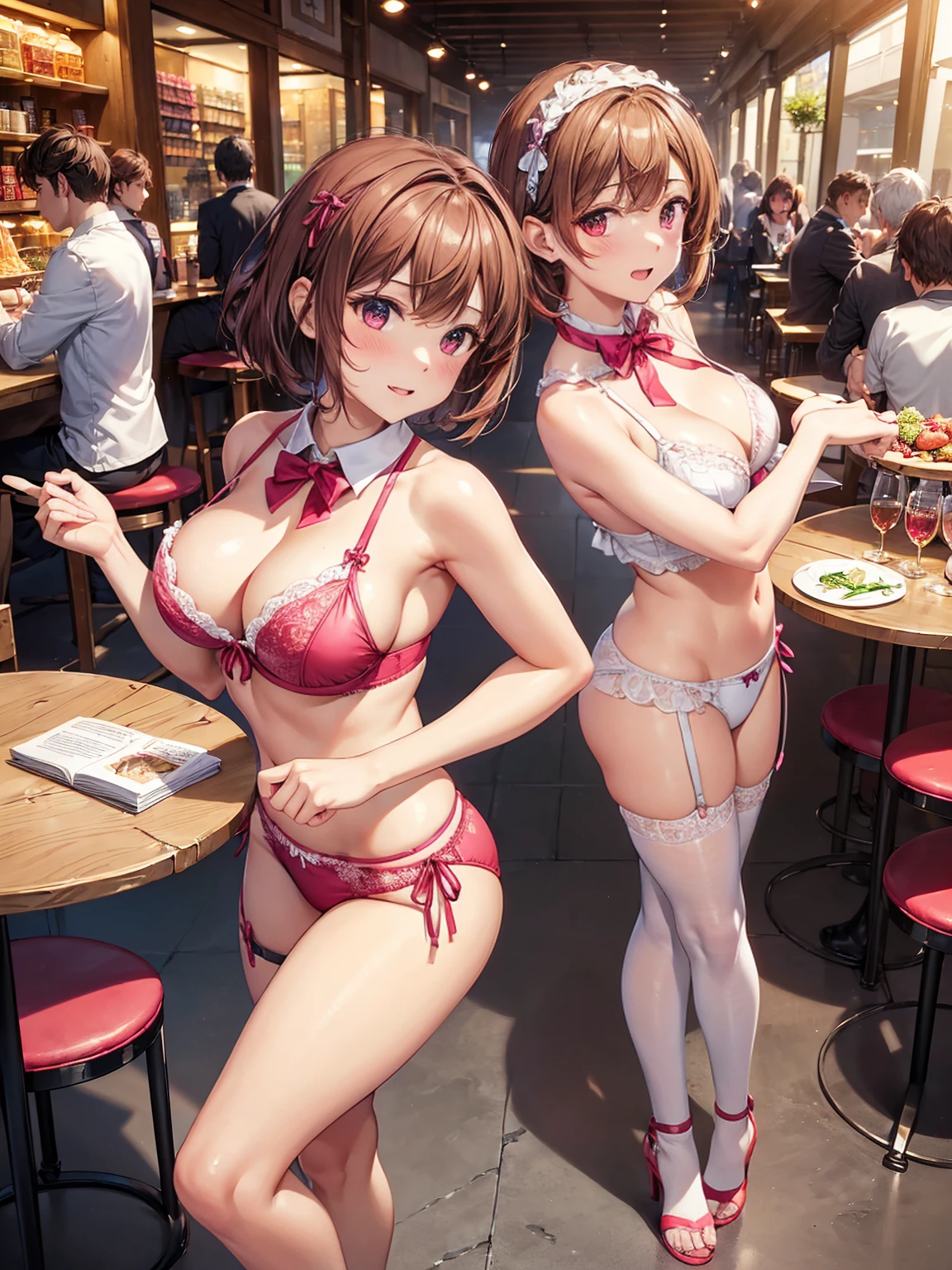 (((masterpiece, Highest quality, High resolution, 超High resolution, Perfect Pixel, Depth of written boundary, 4K, RTTX 10.0))), Beautiful Anime Women, Beautiful art style, Anime characters, ((Smooth texture, Realistic texture, Anime CG Style)), Exact finger count、Exact number of legs、(Exact number of arms:1.0, Exact number of hands:1.0), (Perfect hands, Perfect Anatomy), Cinematic, Realistic, Extremely detailed CG, Daytime lighting, Perfect lighting, Best Shadow, The best natural light, whole body, Perfect body, バランのとれたPerfect body, Perfectly balanced style, (Slender body:1.2), ((bangs, Reddish brown hair, Stylish hairstyle, Bobcut)), ((Back view of a pretty woman standing with her butt sticking out while carrying a drink:1.6)), ((Bow tie around neck:1.3), (Sexy and cute magenta underwear:1.3), (Stylish shiny magenta satin panties, Side-tie panties, Magenta panties with lace trim around the edges, Full-back magenta panties covering the buttocks:1.3), (Magenta Micro Lace Satin Bra, Thin bra:1.3), (garter belt, Knee socks:1.3):1.3), (Stylish beer hall, amusement park, Carry drinks, A busy store, Chair, table, Outdoor:1.3), naked, In underwear, Waitress in underwear, (Maid Headband:1.1)), Angle from the rear, Close up of ass in panties