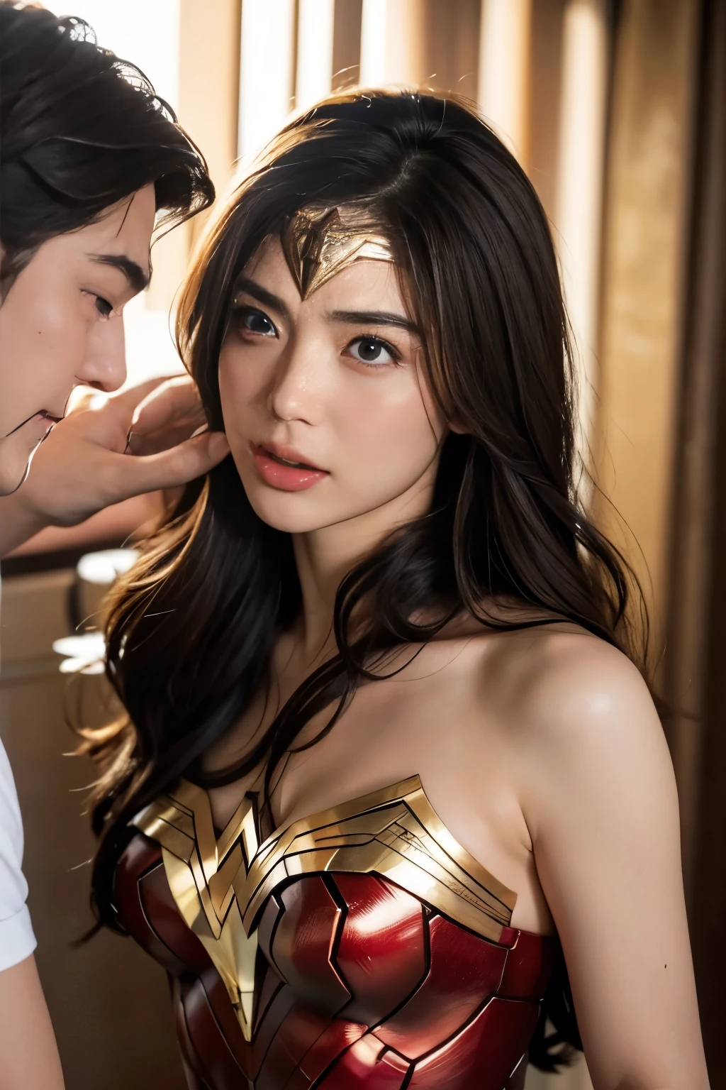 私はWonder Womanです、完璧なWonder Womanの衣装,kneel,Man licks my face with his tongue,Men lick my head with their tongues,Man licks my hair with his tongue,我的身体By a man舔,Sleeping Face, closure ~ Eye,open mouth,Tired face,Painful face,Sleeping Face,Slap in the face,被Slap in the face,Fighting with men,Fight with men,By a man包围,,Caught between men,By a man,Entangled with males, Being attacked by a man,Brown hair,  masterpiece、beautiful girl、漂亮的Eye、puffy Eye、best quality, 超high resolution, (Reality: 1.4), Cinema Lighting,so beautiful、Beautiful Skin、(超Reality的な)、(high resolution)、(8K)、(Very detailed)、(beautiful and 漂亮的Eye)、(Very detailed)、 Delicate face、Diagonal bracelet hair、Brown hair、20 years old、Wonder Womanのコスプレ，Wonder Woman
