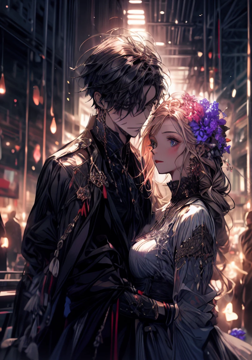 1 male, 1 female,mature, kissing each other,elf girl is blushing kissing human male, campfire background, guy is in front of her slightly bend towards her, man is wearing a leather jacket ,woman wearing beautiful blue dress, wisteria flower around them, beautiful, scenary, romantic,) ,pixiv, digital painting, muscular man, beautiful, elegant woman, (gray stylish hair for man with beard), (pink long hair for woman)