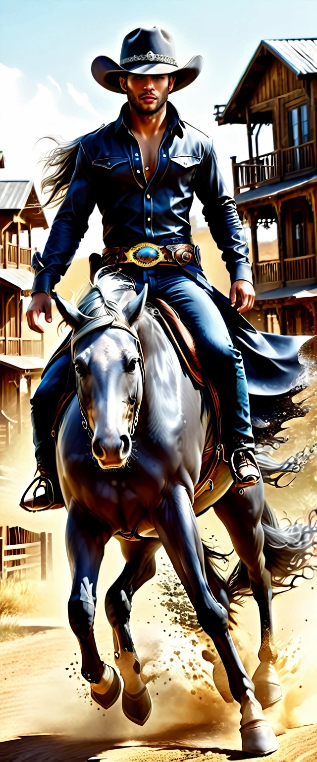 Handsome brown boy riding a horse, Sexy body, silvery white wavy hair [Black shades], Golden Eyes (Shiny), surreal eyes, Wearing a wide-brimmed cowboy hat,Covering most of his face with cowboy boots and pants,Wear a belt around the waist of a shirt or jacket,With a silver belt buckle, the overall shape is rugged and sturdy,Western cowboy exudes wild charm.with pistol, jump, With sniper outfit, brave game, round face, Realistic lighting, Light energy transfer, close up.The main street is lined with wooden houses, shops and bars.、casino、Dust can be seen everywhere in places such as,Occasionally, a carriage and a rider hurried past in the sunshine.,Dust,Everything exudes a rough and primitive power。This is the unique living conditions and cultural atmosphere during the development of the American West.
