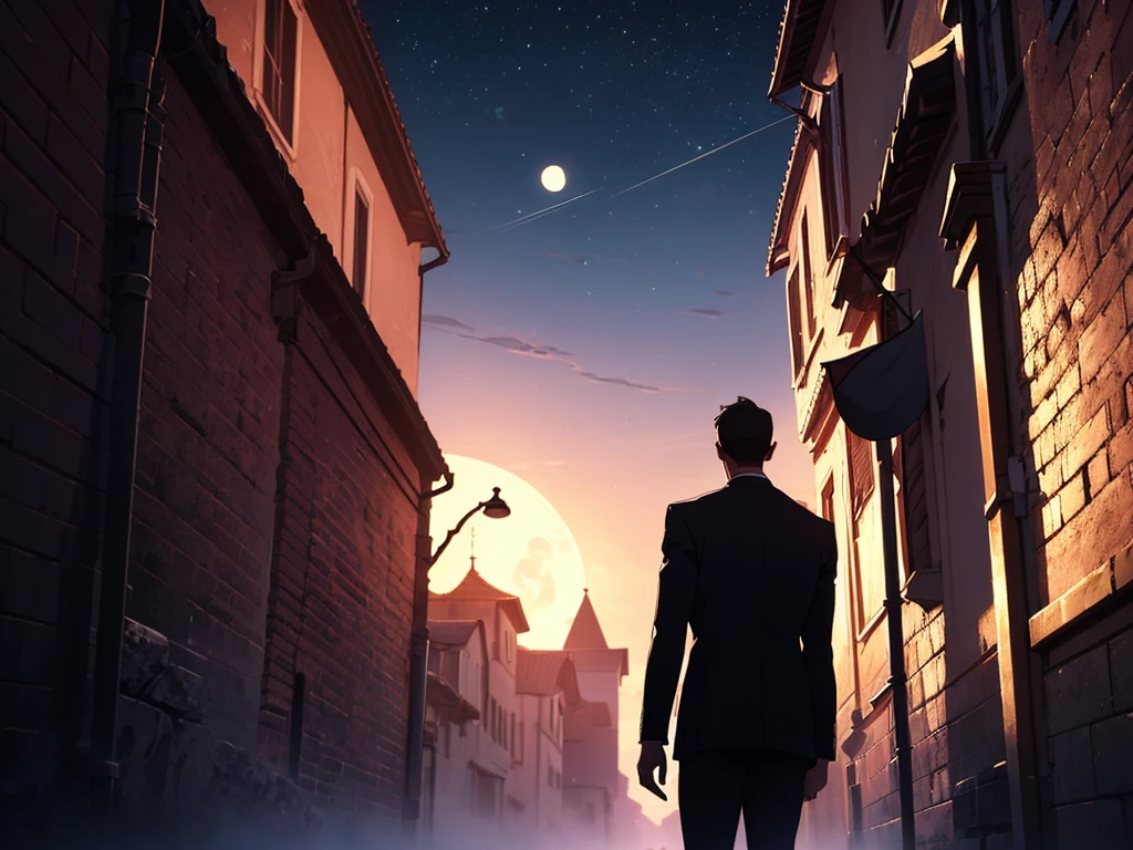 A tall, well-dressed man in a dark alleyway, silhouetted against the moonlit sky, Emiliano gazing up at the moon with a smile, intricate details, cinematic lighting, dramatic shadows, photorealistic, masterpiece