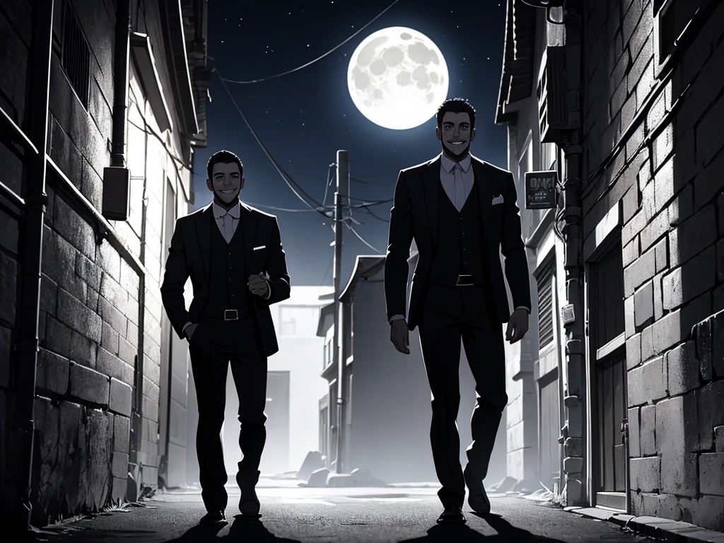 A tall, well-dressed man in a dark alleyway, silhouetted against the moonlit sky, Emiliano gazing up at the moon with a smile, intricate details, cinematic lighting, dramatic shadows, photorealistic, masterpiece