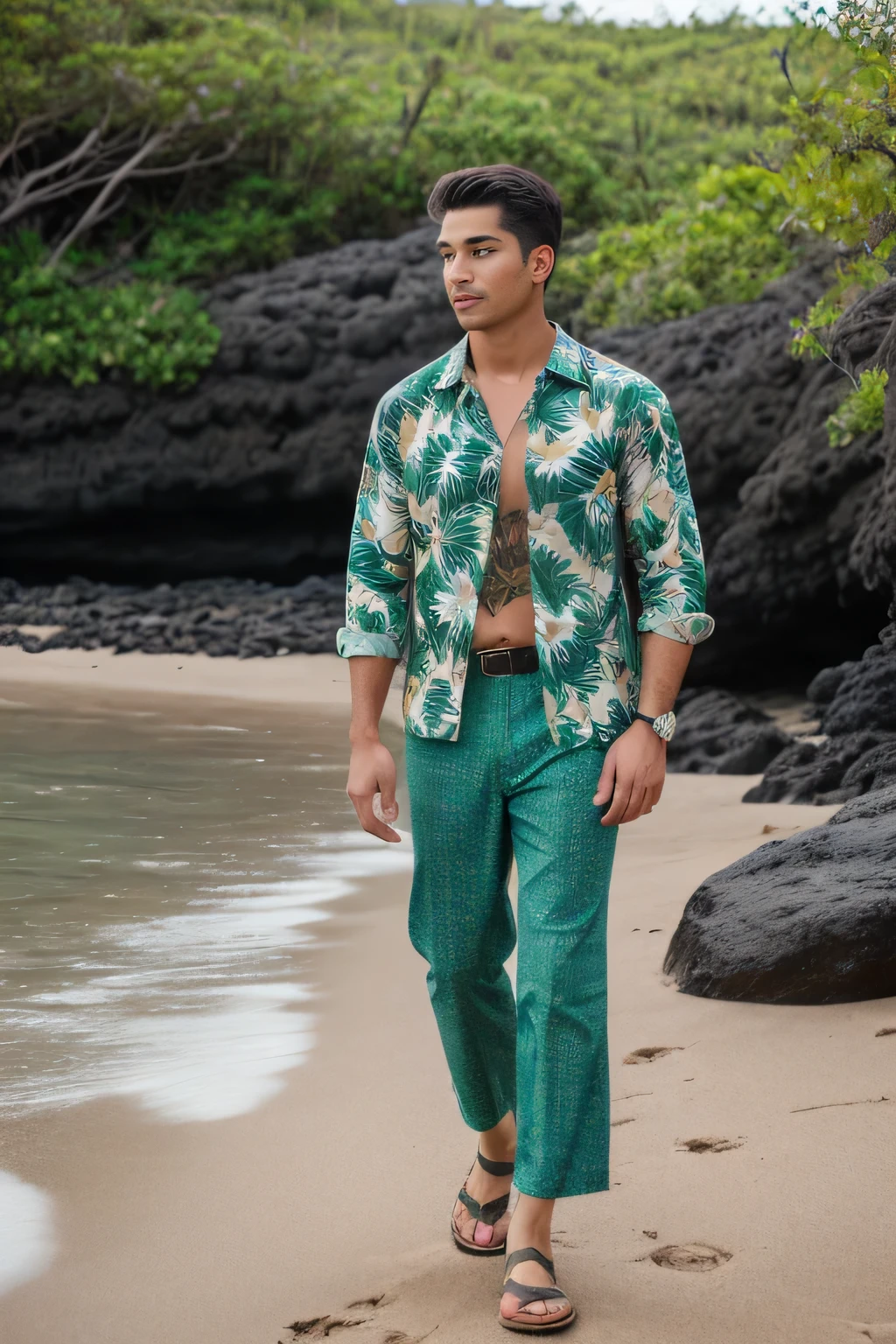 8k uhd, dslr, high quality , RAW photo, Realistic Photography , Full Body, Fujifilm XT3, Canon R5, Handsome Men , beach , Hawaiian shirt and loose green pants