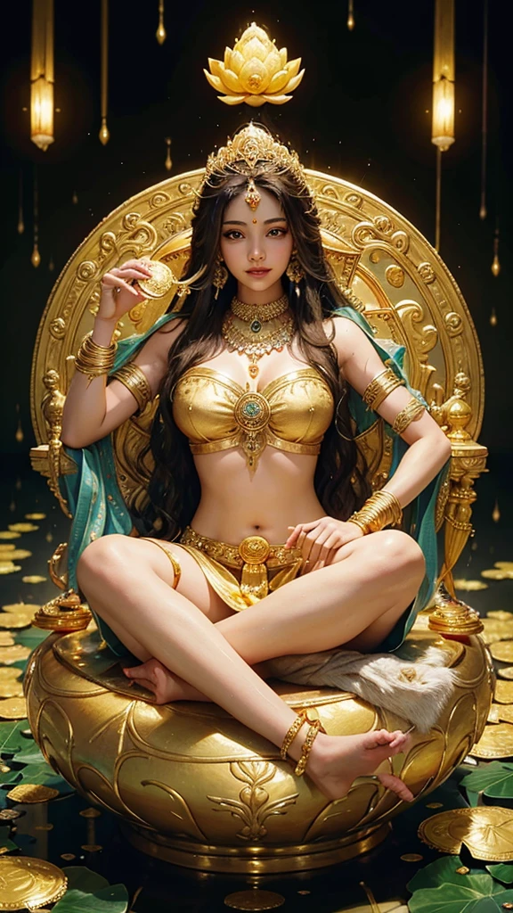 laxmi the goddess of wealth, sitting on lotus throne, pouring a jar of golden coin, full of gold environment, money and diamond everywhere, rain of golden coin. perfect anatomy, perfect eksperssion, super HD, ultra realistic