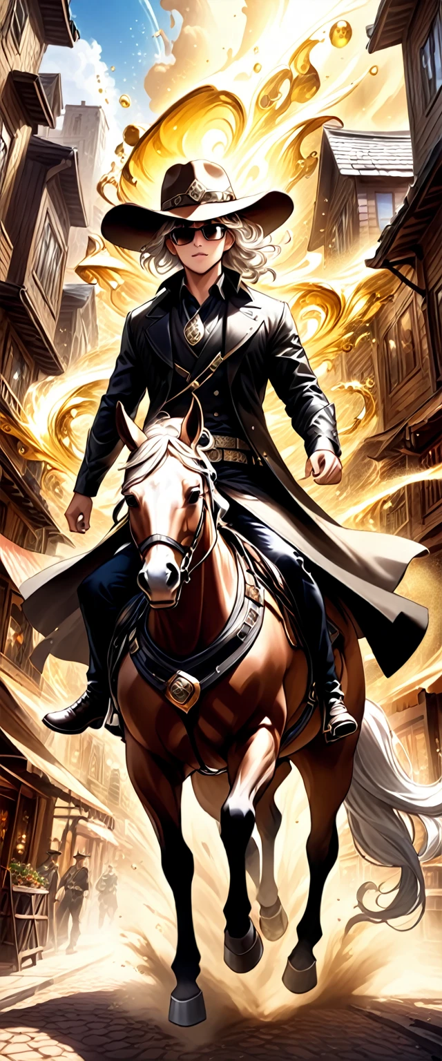 Handsome brown boy riding a horse, Sexy body, silvery white wavy hair [Black shades], Golden Eyes (Shiny), surreal eyes, Wearing a wide-brimmed cowboy hat,Covering most of his face with cowboy boots and pants,Wear a belt around the waist of a shirt or jacket,With a silver belt buckle, the overall shape is rugged and sturdy,Western cowboy exudes wild charm.with pistol, jump, With sniper outfit, brave game, round face, Realistic lighting, Light energy transfer, close up.The main street is lined with wooden houses, shops and bars.、casino、Dust can be seen everywhere in places such as,Occasionally, a carriage and a rider hurried past in the sunshine.,Dust,Everything exudes a rough and primitive power。This is the unique living conditions and cultural atmosphere during the development of the American West.