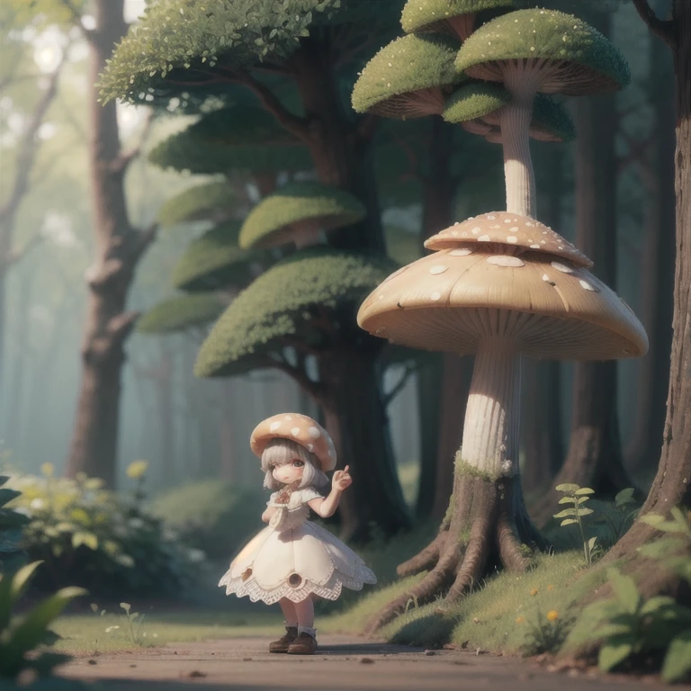 (masterpiece:1.2, Ultra detailed,1.5, unity 8k wallpaper, detailed finger:1.2), Bunashimeji mushroom:1.5, Girl, mushroom, White dress, in the forest, mushroomの大きな家